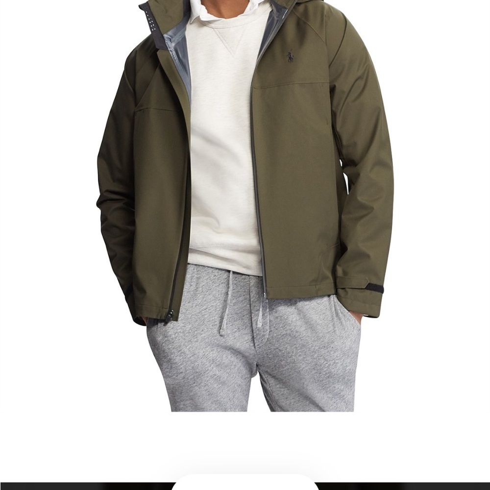 Polo Men's M Dark Olive Waterproof Tucked Hood Rain Jacket Adjustable Cuffs